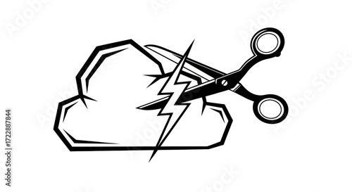 Conceptual disruption artwork featuring cloud shape sliced by scissors and lightning