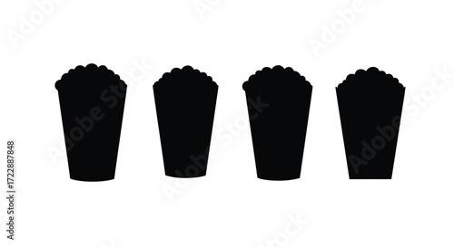 Four black silhouette popcorn buckets lined up ready for movie night entertainment vector