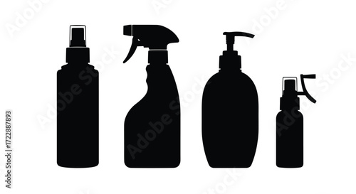 Set of four black silhouettes of cleaning and spray bottles for hygiene and disinfection products vector