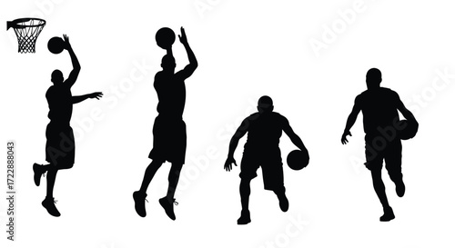 Dynamic basketball silhouettes capturing game action and athlete poses for sports concepts vector
