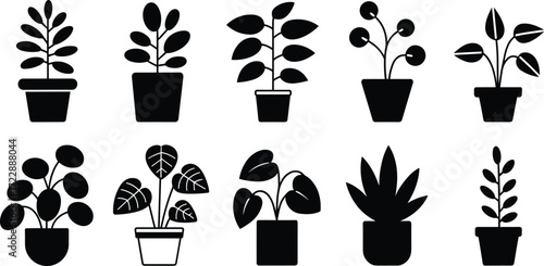 Potted plant silhouettes, black and white vector, botanical illustration, indoor decor, houseplant design, nature art, decorative icon, stock image, garden symbol, lifestyle drawing