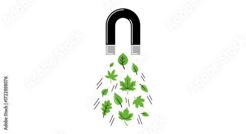 Conceptual vector illustration featuring a magnet attracting various types of leaves symbolizing