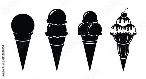 Four silhouettes of delicious ice cream cones offering sweet dessert variety vector