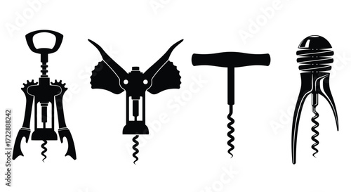 Collection of four diverse corkscrew silhouettes for wine and bar accessories vector