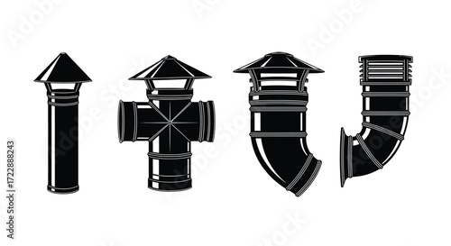 Set of four black chimney caps and vent pipe sections for home roofing systems vector