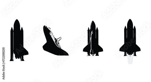 Space shuttle silhouettes set four perspectives launch ascent orbit ready vector