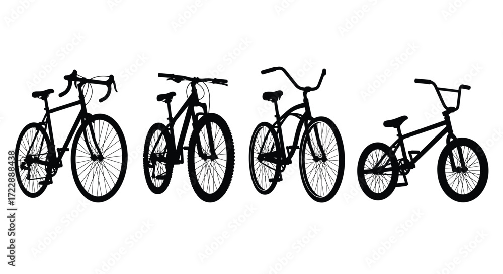 Obraz premium Collection of diverse bicycle silhouettes for transportation and recreation vector
