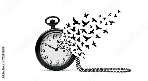 Dissolving time into freedom with a flock of soaring birds around a classic timepiece