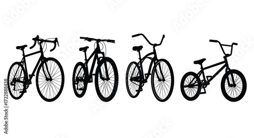 Collection of diverse bicycle silhouettes for transportation and recreation vector