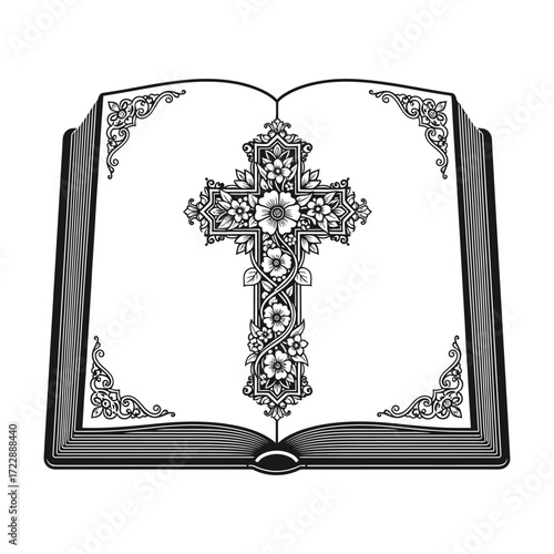 Open Bible with Ornamental Floral Cross Religious Christian Vector Illustration Design