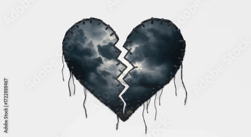 Distressed heart, stitched with threads, holds a stormy sky within its fragmented form