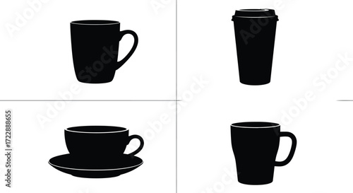 Collection of four black ceramic coffee mugs and cups isolated on vector