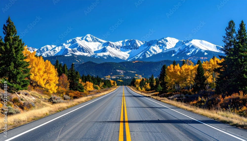 Fototapeta premium An asphalt road stretches into a distant mountain range, flanked by vibrant fall foliage beneath a clear blue sky