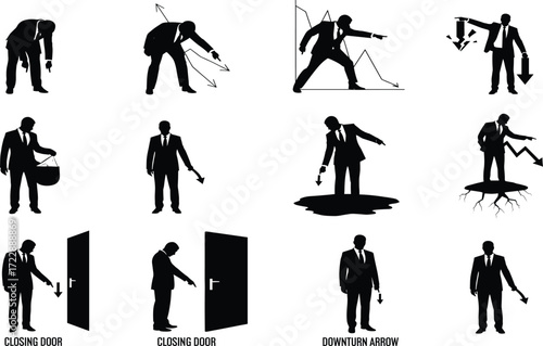 Business downturn silhouette set, black, arrows, closing doors, collapse, exhaustion, cracked ground, symbolic poses, vector failure posture illustration bundle