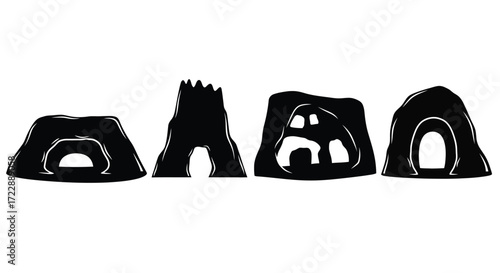Diverse silhouette cave entrances set representing natural habitats and mysterious grottoes vector