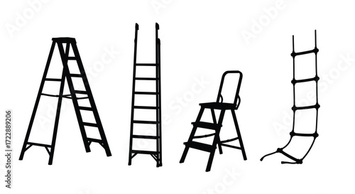 Collection of hand-drawn ladders including stepladders and extension ladders for diy projects vector