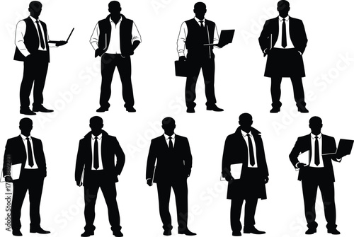 Businessman silhouette set, black, laptop, folder, briefcase poses, formal outfits, corporate role theme, vector professional illustration bundle