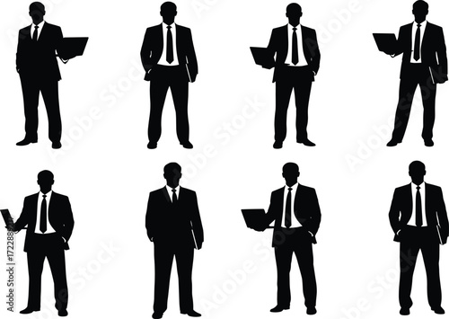 Businessman laptop silhouette set, black, standing poses with gestures, suits and ties, tech-savvy theme, vector professional illustration bundle