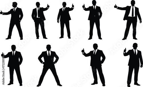 Businessman thumbs-up silhouette set, black, confident poses, formal suits, approval gesture theme, vector professional communication illustration bundle