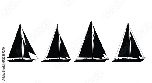 Four black silhouette sailboats anchored gracefully in calm waters vector