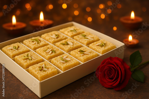 Delicious homemade soan papdi stacked neatly for festive Diwali celebration