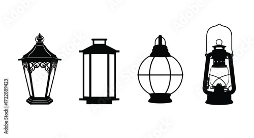 Collection of vintage lantern silhouettes for decorative and historical design elements vector