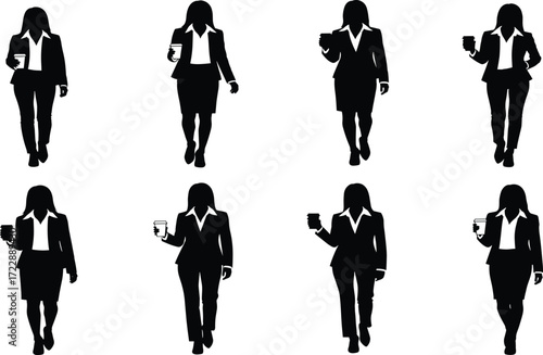 Businesswoman coffee silhouette set, black, walking poses with cup in hand, formal outfits, vector professional lifestyle illustration bundle