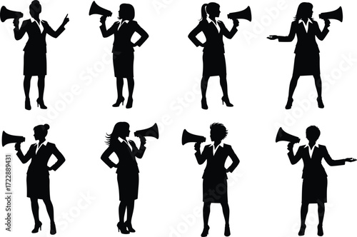 Businesswoman megaphone silhouette set, black, confident poses, pointing, gesturing, advocacy and leadership, vector communication posture illustration bundle