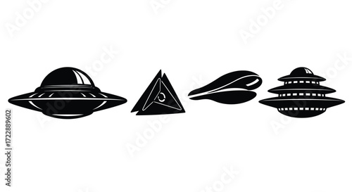 Set of four different silhouettes of ufos flying saucers and alien spaceships flying vector