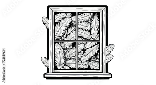 Feathered window pane serenity an illustration of monochrome dreamlike design