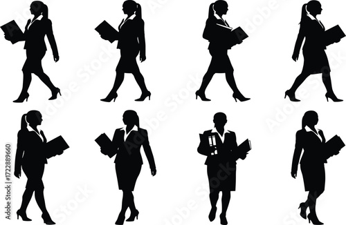 Businesswoman walking silhouette set, black, formal outfits, document-carrying poses, confident motion theme, vector professional activity illustration bundle