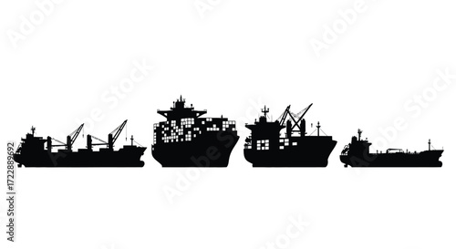 Silhouette of a maritime fleet industrial harbor scene with ships and cranes vector