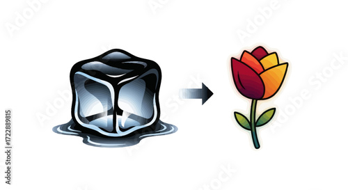 From frozen to flourishing symbolic transition illustration of ice cube melting into flower