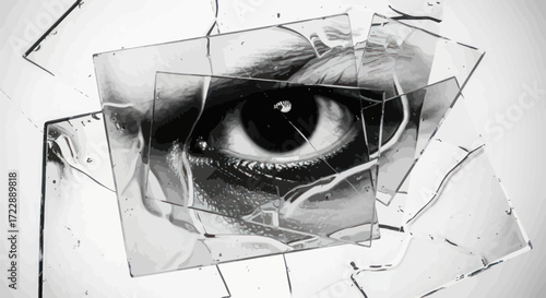 Fragmented perception concept using a monochrome eye viewed through shattered glass