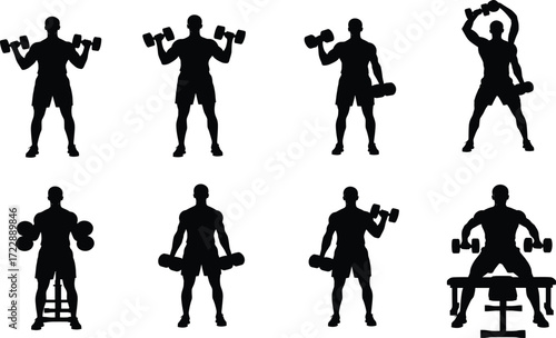 Dumbbell exercise silhouette set, black, standing and seated poses, bicep curls, overhead lifts, fitness theme, vector workout illustration bundle