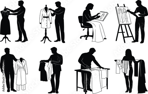 Fashion creation silhouette set, black, sketching, painting, garment inspection, mannequin styling, hanger presentation, vector design posture illustration bundle