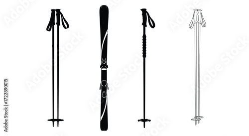 Four ski poles and one ski set against a winter sports equipment detail vector