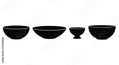 Four shiny black ceramic bowls of varying sizes lined up for kitchen or dining display vector