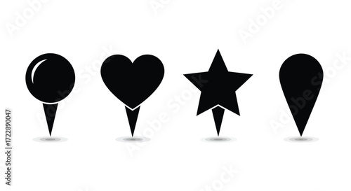 Four black map pin icons oval heart star and drop shape set decorative markers vector