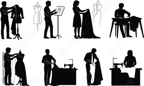 Fashion design silhouette set, black, sketching, draping, sewing machine, dress form, fabric handling, vector tailoring posture illustration bundle