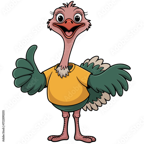 A cheerful cartoon ostrich wearing a vibrant yellow shirt gives a thumbs up, radiating positivity and approval. A friendly animal in a fun, colorful illustration with a playful expression.