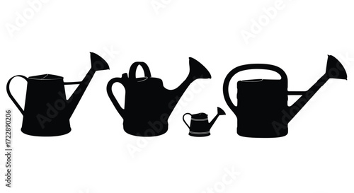 Collection of silhouette watering cans variety sizes for gardening and outdoor activities vector