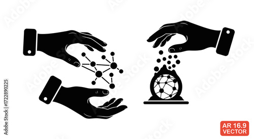 Hands manipulating abstract molecular structures representing complex networks and innovations