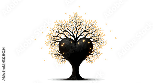 Heart shaped tree with glowing orbs and golden leaves representing love and growth