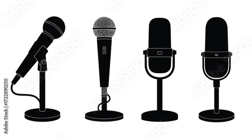 Set of four vintage and modern microphones displayed isolated for audio recording and performance applications vector
