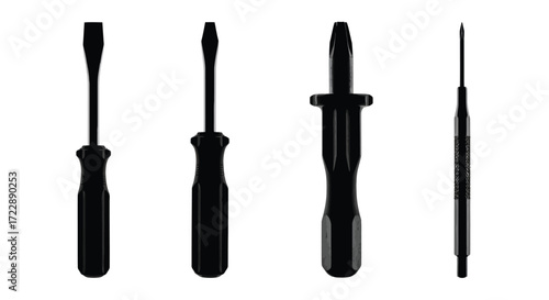 Collection of four black silhouette screwdrivers and precision tools for repair and diy projects vector