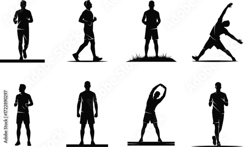 Fitness movement silhouette set, black, jogging, walking, stretching, dynamic poses, wellness and exercise theme, vector lifestyle illustration bundle