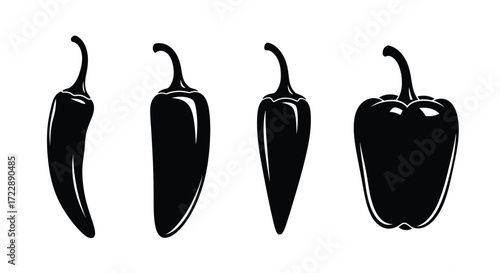 Four black silhouettes of peppers including jalapeno and bell pepper varieties vector