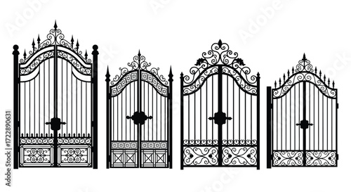 Elegant wrought iron gate designs featuring ornate scrollwork and decorative finials collection vector