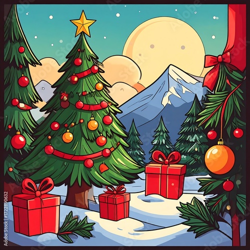Christmas tree scene in snowy landscape at night